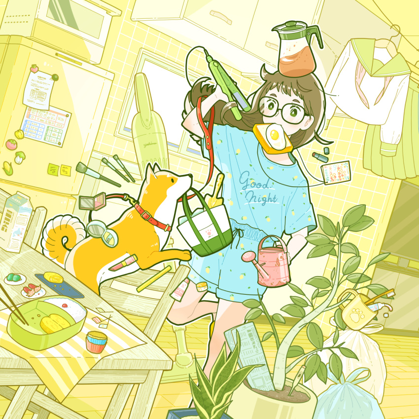 1girl aqua_shirt aqua_shorts bangs brown_hair chopsticks corn cosmetics food glasses highres jewelry leaf lipstick_tube long_hair necklace newspaper original outline paintbrush plant refrigerator shiba_inu shirt short_sleeves shorts solo tako-san_wiener toothbrush white_outline window yoshimon