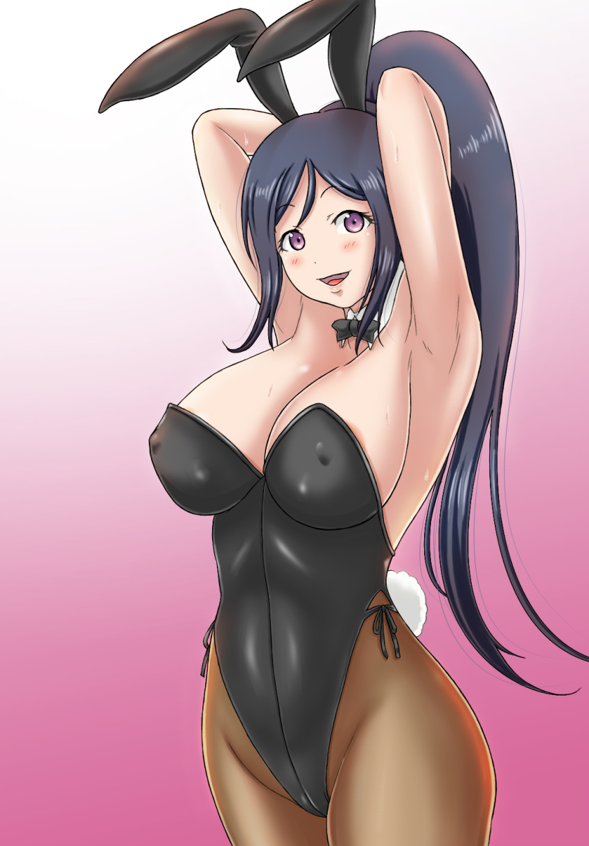 1girl animal_ears arms_behind_head black_hair black_leotard black_neckwear bow bowtie breasts brown_legwear bunny_tail commentary_request covered_nipples cowboy_shot detached_collar gradient gradient_background highres keito_fujihara large_breasts leotard long_hair looking_at_viewer love_live! love_live!_sunshine!! matsuura_kanan pantyhose pink_background playboy_bunny ponytail rabbit_ears smile solo standing strapless strapless_leotard tail violet_eyes white_background