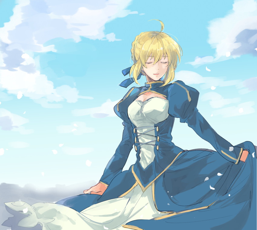 ahoge artoria_pendragon_(all) bangs blonde_hair blue_dress blue_sky braid closed_eyes clouds cloudy_sky collar collared_dress commentary_request dress eyebrows_visible_through_hair fate/stay_night fate_(series) hair_between_eyes highres long_sleeves meeko open_mouth outdoors saber sidelocks sky smile standing