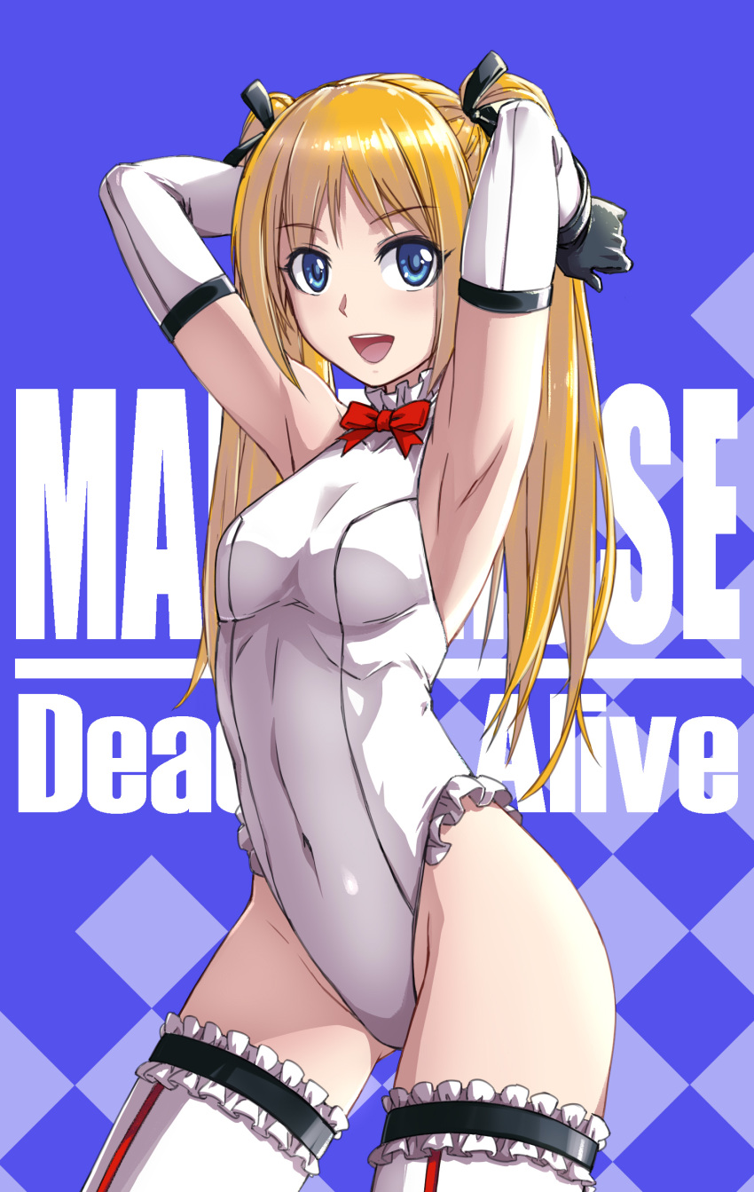 1girl absurdres armpits arms_up ass_visible_through_thighs bangs bare_shoulders blonde_hair blue_eyes bow breasts covered_navel cowboy_shot dead_or_alive elbow_pads eyebrows_visible_through_hair fish.boy frilled_leotard frills gloves highleg highleg_leotard highres legs_apart leotard long_hair looking_at_viewer marie_rose open_mouth photoshop_(medium) red_bow revision simple_background skin_tight small_breasts solo thigh-highs twintails white_gloves white_legwear white_leotard