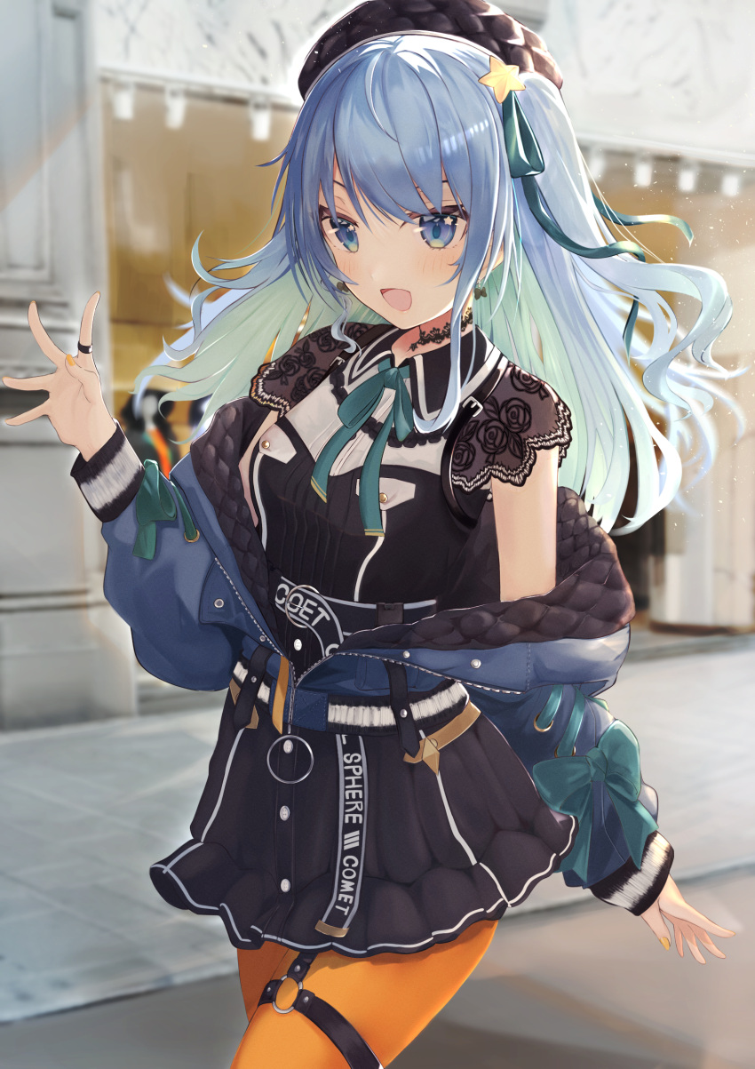 1girl :d amaton707 bangs beret black_headwear black_shirt black_skirt blue_eyes blue_hair blue_jacket blurry blurry_background blush collared_shirt depth_of_field eyebrows_behind_hair green_hair green_ribbon hair_ornament hair_ribbon hand_up hat highres hololive hoshimachi_suisei jacket long_sleeves looking_at_viewer nail_polish o-ring off_shoulder one_side_up open_clothes open_jacket open_mouth orange_legwear orange_nails pantyhose puffy_long_sleeves puffy_sleeves ribbon see-through shirt skirt smile solo star_(symbol) star_hair_ornament virtual_youtuber