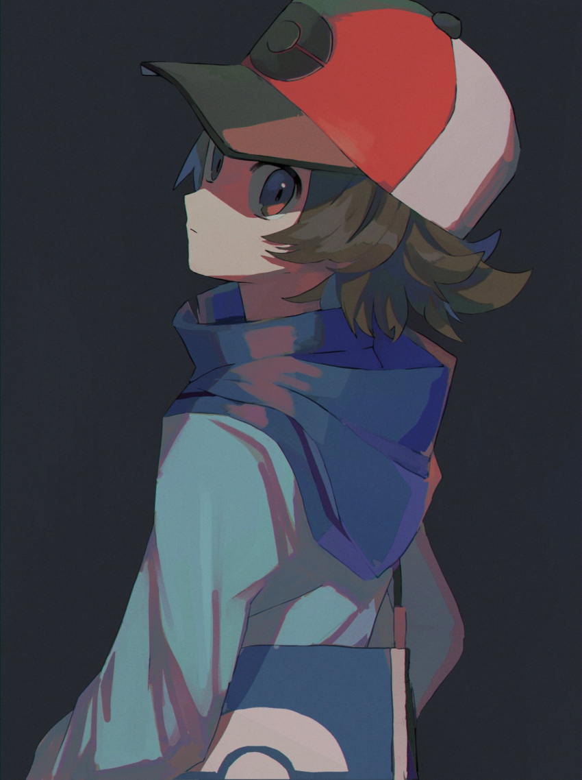 1boy bag baseball_cap black_background blue_bag blue_jacket brown_eyes brown_hair closed_mouth from_side hat highres hilbert_(pokemon) jacket looking_at_viewer male_focus moji_(ld_ipx) pokemon pokemon_(game) pokemon_bw short_hair shoulder_bag solo symbol_commentary upper_body