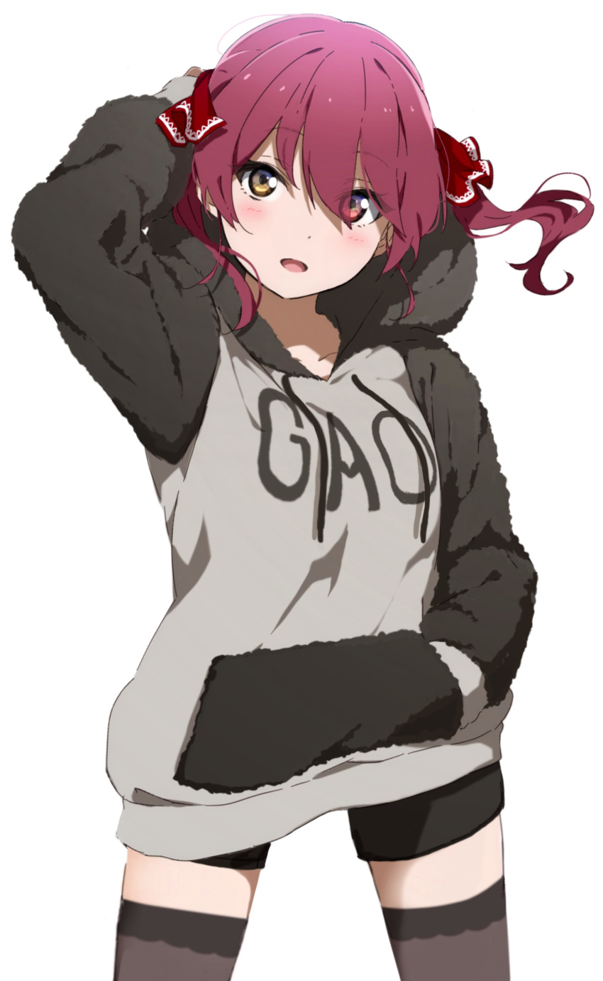 1girl absurdres alternate_costume arm_up black_legwear black_shorts blush breasts casual clothes_writing commentary cowboy_shot english_commentary eyebrows_visible_through_hair eyes_visible_through_hair fur-trimmed_hood fur_trim grey_hoodie hair_between_eyes hair_ribbon hand_in_pocket heterochromia highres hololive hood hoodie houshou_marine icehotmilktea looking_at_viewer medium_breasts medium_hair open_mouth red_eyes redhead ribbon short_shorts shorts simple_background smile solo standing thigh-highs twintails virtual_youtuber white_background yellow_eyes zettai_ryouiki