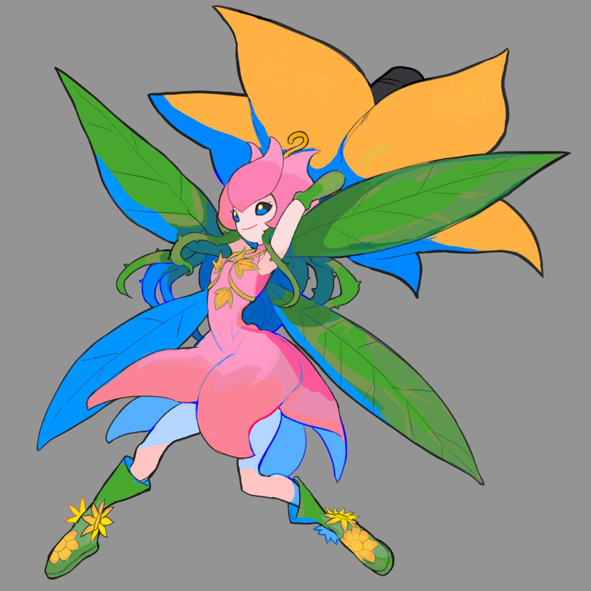 1girl arm_cannon blue_eyes boots digimon flower green_footwear grey_background hexed highres leaf_wings lillymon monster_girl plant plant_girl smile solo vines weapon