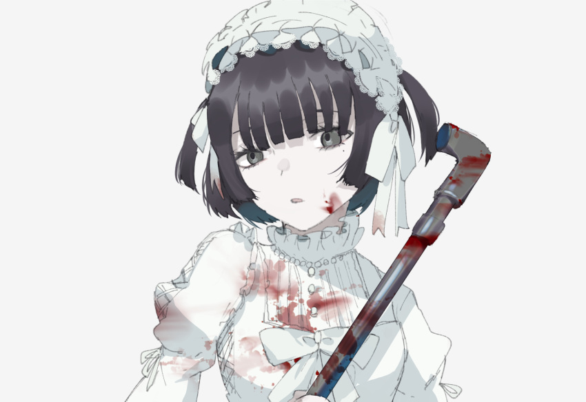 1girl bangs black_hair blood blood_on_face bloody_clothes bow dress eyebrows_behind_hair grey_background grey_eyes highres holding juliet_sleeves kayanogura lead_pipe lolita_fashion long_sleeves looking_at_viewer original parted_lips puffy_sleeves short_hair simple_background solo upper_body white_bow white_dress