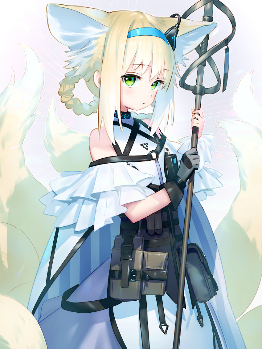 1girl animal_ear_fluff animal_ears arknights bangs bare_shoulders black_gloves blonde_hair blue_hairband braid closed_mouth commentary_request eyebrows_visible_through_hair gloves gradient_hair green_eyes grey_background hair_rings hairband highres holding looking_at_viewer multicolored_hair multiple_tails purple_skirt shirt sidelocks single_glove skirt solo suzuran_(arknights) tail twin_braids wasabi60 white_hair white_shirt