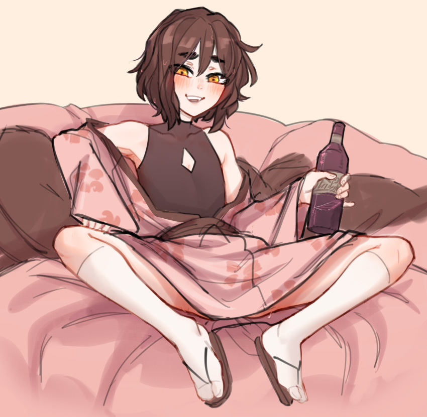1girl :d blush bottle brown_hair cleavage_cutout clothing_cutout commentary commission english_commentary fingernails flat_chest highres holding holding_bottle japanese_clothes kimono looking_at_viewer lying medium_hair off_shoulder on_back open_mouth orange_eyes original pink_kimono pinky_out popopoka reclining sandals short_kimono sitting smile socks solo spread_legs white_legwear