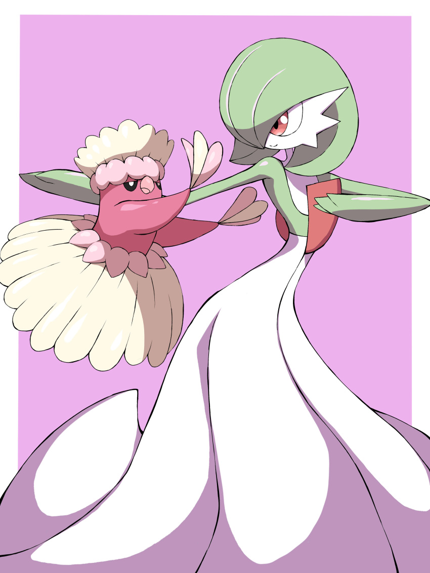 absurdres bird closed_mouth commentary_request creature gardevoir gen_3_pokemon gen_7_pokemon hand_up highres jahana_mei looking_at_another oricorio oricorio_(pa'u) pokemon pokemon_(creature) purple_background red_eyes shiny smile
