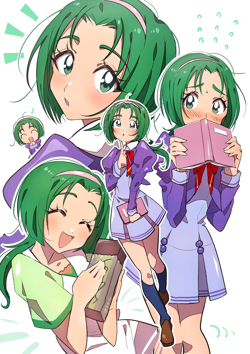 5girls absurdres akimoto_komachi blush bow_hairband closed_eyes eyelashes green_eyes green_hair grgrton hair_ornament hairband happy highres juliet_sleeves l'ecole_des_cinq_lumieres_school_uniform long_sleeves looking_at_viewer multiple_girls multiple_persona open_mouth ponytail precure puffy_long_sleeves puffy_sleeves ribbon school_uniform shoes short_hair simple_background smile socks white_background yes!_precure_5 yes!_precure_5_gogo!
