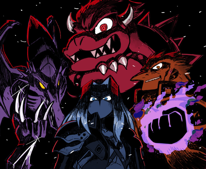 bowser claws crossed_arms evil_smile fangs final_fantasy final_fantasy_vii ganondorf glaring glowing_fist highres horns super_mario_bros. metroid rariatto_(ganguri) ridley sephiroth shaded_face smile spiked_shell super_mario_bros. super_smash_bros. the_legend_of_zelda the_legend_of_zelda:_ocarina_of_time wings