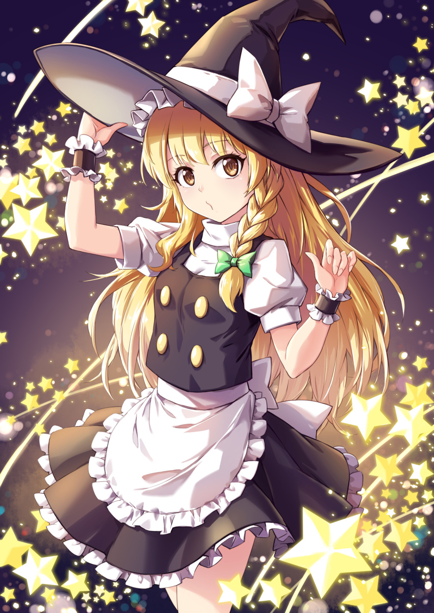 1girl absurdres apron bangs black_dress blonde_hair bow braid cowboy_shot dress eyebrows_visible_through_hair fish.boy frilled_dress frills green_bow hair_bow hand_on_headwear hat highres kirisame_marisa long_hair looking_at_viewer puffy_short_sleeves puffy_sleeves short_sleeves side_braid single_braid solo touhou waist_apron witch_hat wrist_cuffs yellow_eyes