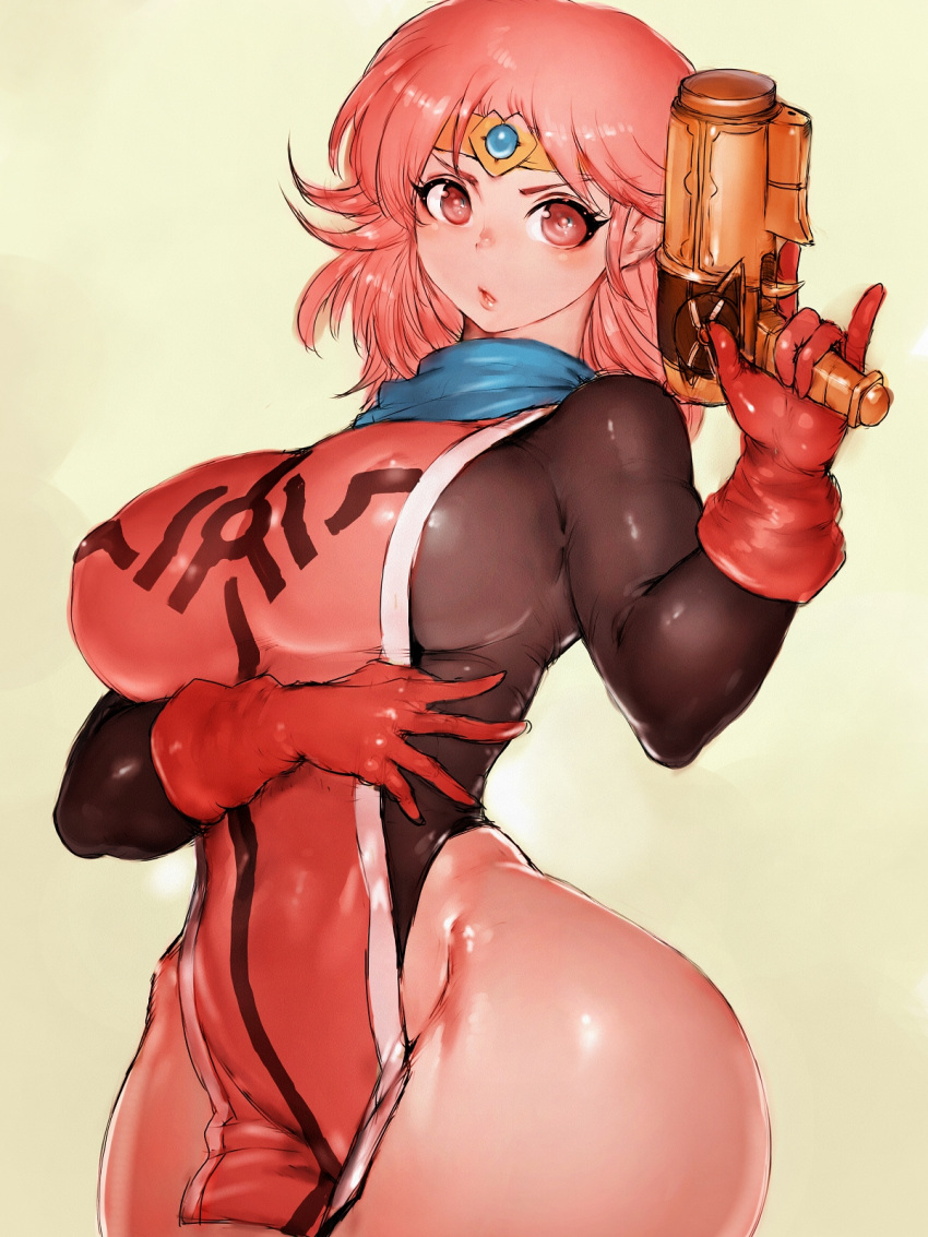 1girl breasts circlet curvy dragon_quest dragon_quest_dai_no_daibouken fumio_(rsqkr) gloves green_background gun handgun highres large_breasts long_hair looking_at_viewer maam parted_lips pink_eyes pink_hair red_gloves simple_background solo thick_thighs thighs weapon wide_hips