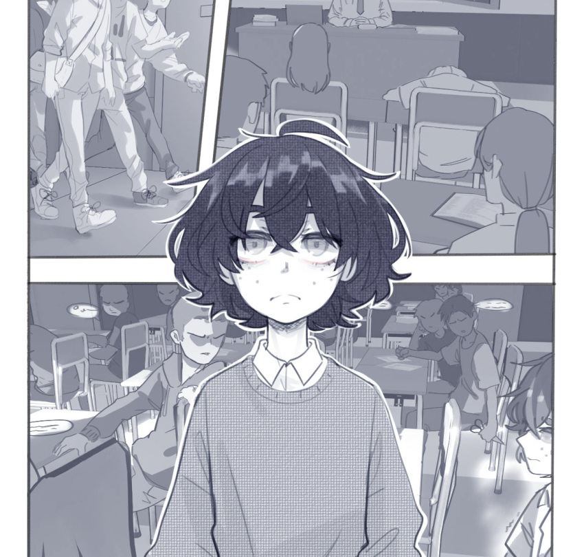 1girl ahoge bags_under_eyes blind closed_mouth collared_shirt commentary emergence english_commentary freckles greyscale medium_hair monochrome original parody poka_(popopoka) popopoka shirt solo_focus spot_color sweater wing_collar