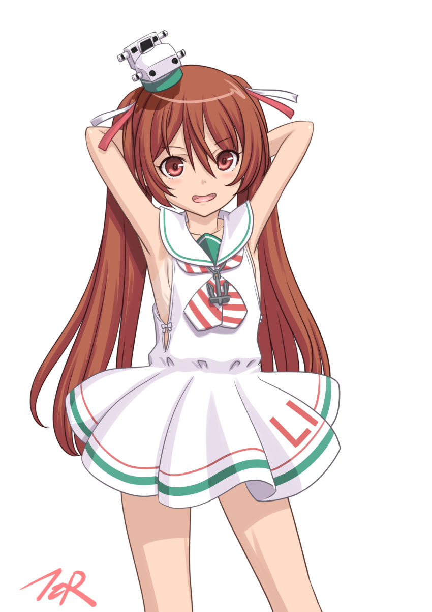 1girl anchor_ornament arms_behind_head arms_up artist_logo brown_eyes brown_hair clothes_writing cowboy_shot dress highres kantai_collection libeccio_(kantai_collection) long_hair looking_at_viewer neckerchief sailor_collar sailor_dress solo standing striped striped_neckwear t2r tan tanline twintails white_sailor_collar