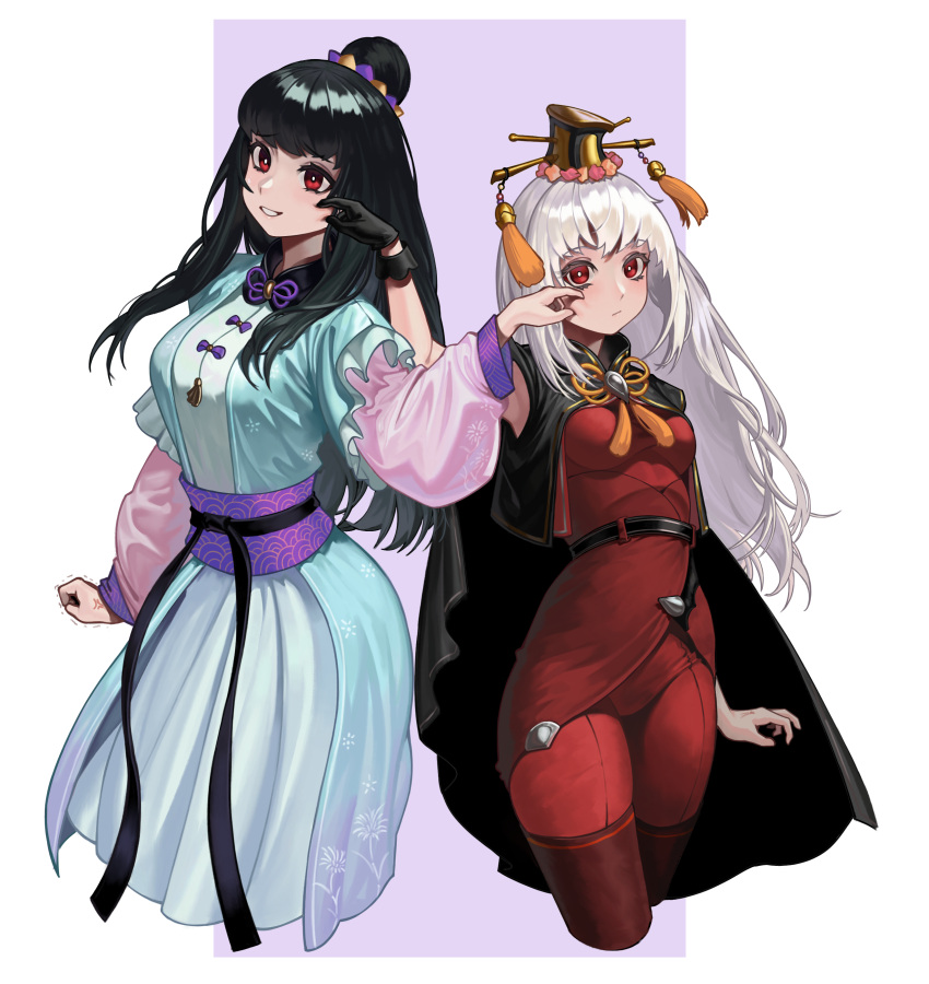 2girls :/ absurdres anger_vein bangs belt black_belt black_cloak black_gloves black_hair blue_dress border breasts bright_pupils cao_cao character_request cheek_pinching cloak commentary cropped_legs dress eyebrows_visible_through_hair eyelashes floral_print frilled_dress frills geminingen genderswap genderswap_(mtf) gloves gold_trim hair_bun hair_over_shoulder hat height_difference highres long_hair long_sleeves looking_at_viewer multiple_girls parted_lips pinching pink_sleeves purple_background red_eyes red_legwear romance_of_the_three_kingdoms sash single_glove sleeveless tassel white_border white_hair white_pupils wide_sleeves wrist_cuffs