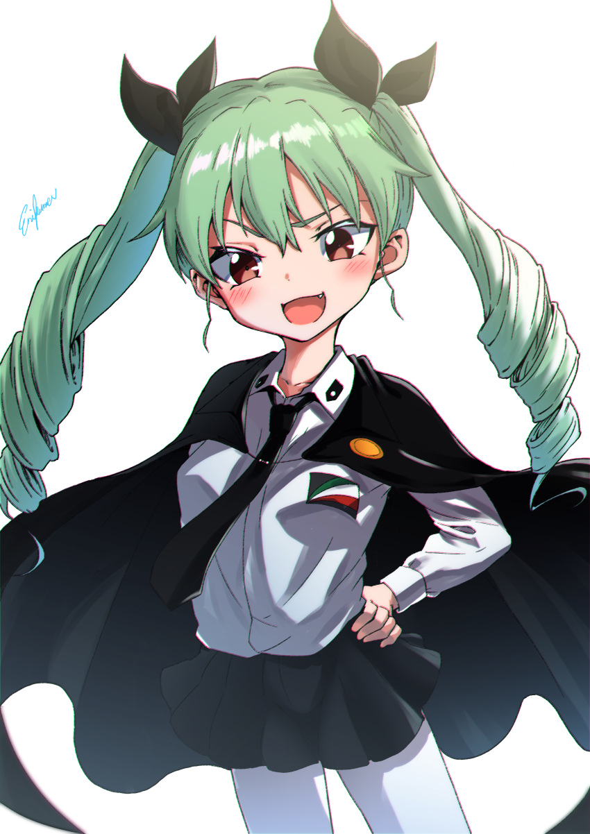 1girl absurdres anchovy_(girls_und_panzer) anzio_school_uniform artist_name bangs belt black_belt black_cape black_neckwear black_ribbon black_skirt cape commentary cowboy_shot dress_shirt drill_hair emblem enikuma fang girls_und_panzer green_hair hair_ribbon hands_on_hips highres long_hair long_sleeves looking_at_viewer miniskirt necktie open_mouth pantyhose pleated_skirt red_eyes ribbon school_uniform shirt signature simple_background skirt smile solo standing twin_drills twintails v-shaped_eyebrows white_background white_legwear white_shirt wind wing_collar