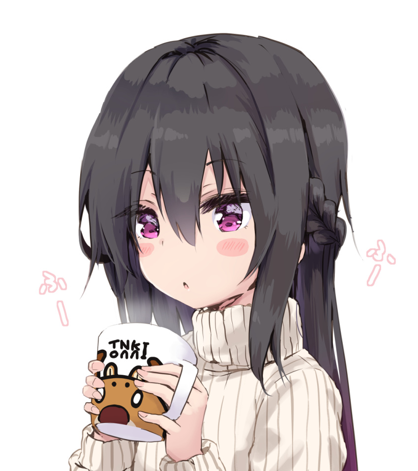 1girl amano_kouki bangs black_hair blush_stickers braid commentary_request cup eyebrows_visible_through_hair hair_between_eyes highres holding holding_cup long_hair long_sleeves mug note-chan original parted_lips ribbed_sweater simple_background solo steam sweater swimsuit turtleneck turtleneck_sweater upper_body violet_eyes white_background white_swimsuit