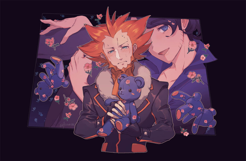 2boys augustine_sycamore black_gloves black_jacket blue_eyes blush closed_mouth commentary_request eyebrows_visible_through_hair facial_hair fingerless_gloves flower gloves half-closed_eyes head_tilt jacket kusuribe long_sleeves lysandre_(pokemon) male_focus multiple_boys open_mouth orange_hair pink_flower pokemon pokemon_(game) pokemon_xy smile spiky_hair stuffed_animal stuffed_toy sweat teddy_bear upper_body