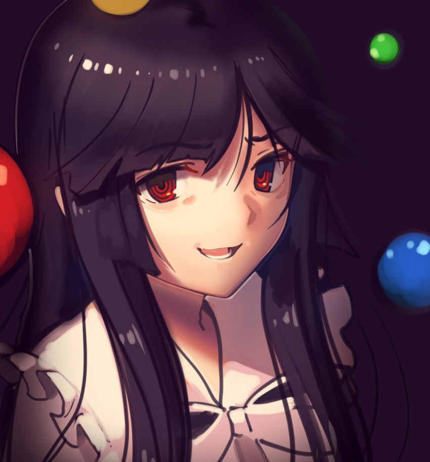 1girl :d balloon black_hair boa_(brianoa) bow bowtie highres houraisan_kaguya long_hair looking_at_viewer open_mouth portrait purple_background red_eyes revision ringed_eyes simple_background smile solo touhou white_bow white_neckwear