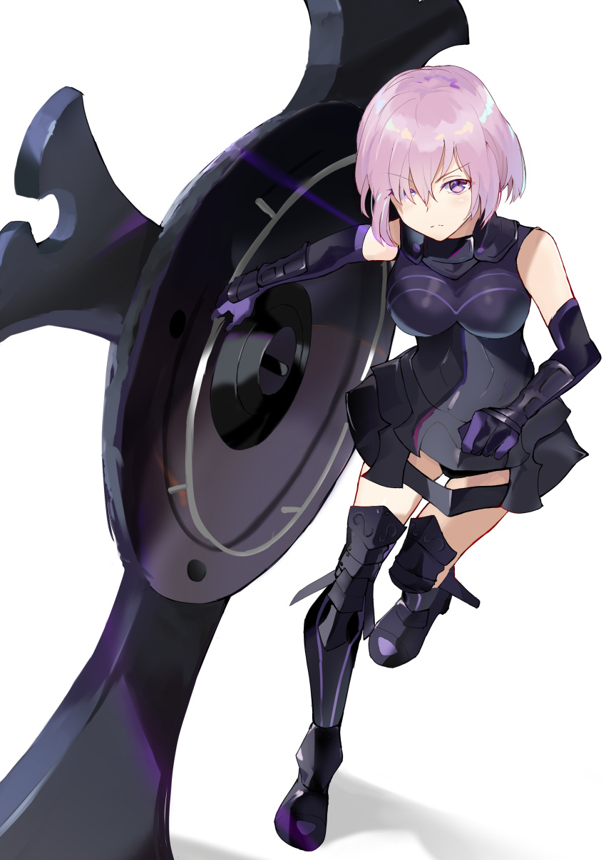 1girl absurdres armor elbow_gloves eyebrows_visible_through_hair fate/grand_order fate_(series) full_body gloves hair_over_one_eye highres long_sleeves looking_at_viewer mash_kyrielight pink_hair same_(sendai623) shield short_hair simple_background sitting smile solo standing standing_on_one_leg violet_eyes white_background