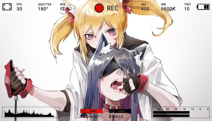 2girls animal_ear_fluff animal_ears arknights bangs battery_indicator black_hair blindfold blonde_hair blood collar ear_piercing finger_in_mouth finger_to_mouth gloves highres jacket leash long_hair multiple_girls open_mouth piercing recording red_eyes shinnasuka025 sora_(arknights) texas_(arknights) tongue twintails viewfinder wolf_ears
