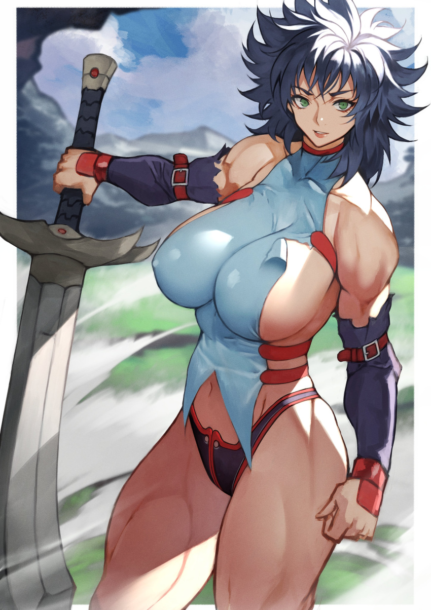 1girl absurdres bare_shoulders bastard!! blue_hair clouds cloudy_sky collarbone covered_collarbone covered_nipples green_eyes hair_between_eyes highres holding holding_sword holding_weapon kai_harn looking_at_viewer medium_hair mountain muscular muscular_female navel outdoors parted_lips pink_lips sky solo sword torn torn_clothes weapon yoshio_(55level)
