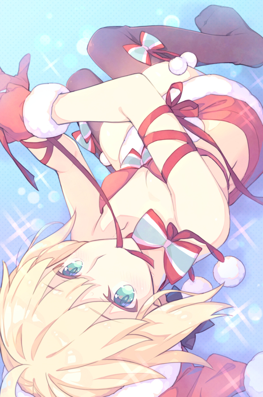 1girl ahoge artoria_pendragon_(all) bangs bare_shoulders black_legwear blonde_hair blue_eyes bra breasts christmas commentary eyebrows_visible_through_hair fate/grand_order fate_(series) fur-trimmed_gloves fur-trimmed_skirt fur_trim gloves highres looking_at_viewer lying miniskirt mouth_hold no_shoes on_back pom_pom_(clothes) red_bra red_gloves red_ribbon red_skirt ribbon ribbon_in_mouth saber saipaco short_hair skirt small_breasts solo thigh-highs underwear upside-down