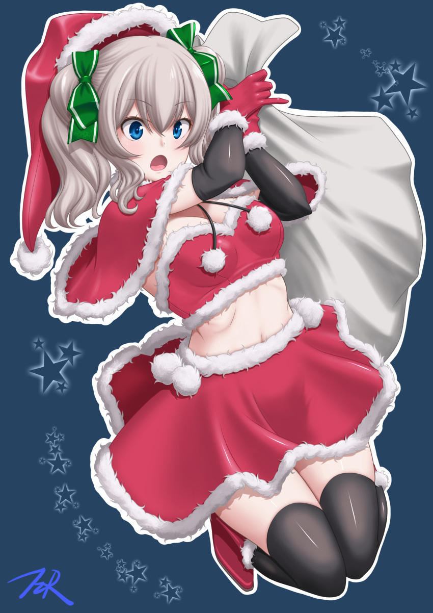 1girl alternate_costume arm_warmers artist_logo black_background black_legwear blue_eyes boots breasts commentary_request full_body fur-trimmed_boots fur-trimmed_gloves fur-trimmed_headwear fur-trimmed_skirt fur_trim gloves hat highres kantai_collection kashima_(kantai_collection) large_breasts midriff open_mouth red_bandeau red_footwear red_gloves red_headwear red_skirt sack santa_hat sidelocks silver_hair skirt solo starry_background t2r thigh-highs twintails wavy_hair