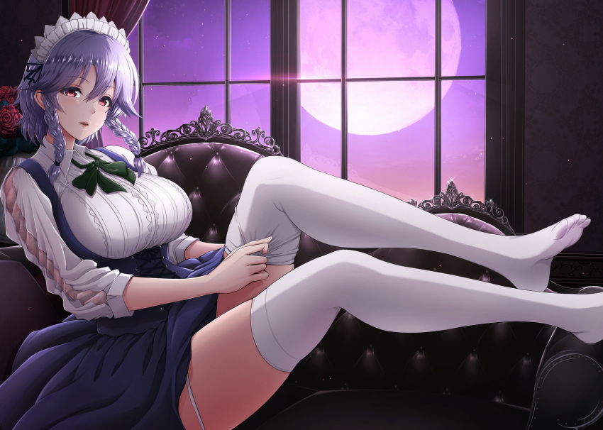 1girl adjusting_clothes adjusting_legwear alternate_costume bangs blue_skirt braid breasts center_frills collared_shirt cross-laced_clothes cross-laced_skirt eyebrows_visible_through_hair framed_breasts frills full_moon grey_hair hair_between_eyes high-waist_skirt highres izayoi_sakuya large_breasts legs_up long_sleeves looking_at_viewer maid_headdress moon no_shoes open_mouth raised_eyebrows red_eyes ribbed_shirt shirt short_hair side_braid silver_hair sitting skindentation skirt sky solo star_(sky) starry_sky suspender_skirt suspenders thigh-highs thighs touhou twin_braids umasan underbust white_legwear white_shirt window wing_collar