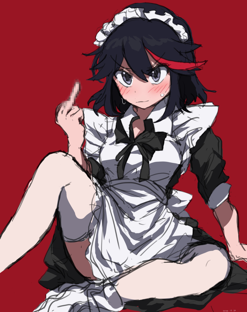 1girl absurdres angry apron black_dress black_hair black_neckwear blue_eyes blush censored collared_dress commentary_request dress furrowed_eyebrows highres kill_la_kill looking_at_viewer maid maid_apron maid_headdress matoi_ryuuko middle_finger mosaic_censoring multicolored_hair neck_ribbon pointless_censoring redhead ribbon shiny shiny_hair shoes sidelocks sitting sleeves_rolled_up sneakers solo streaked_hair sweat takatisakana thigh-highs white_footwear white_legwear