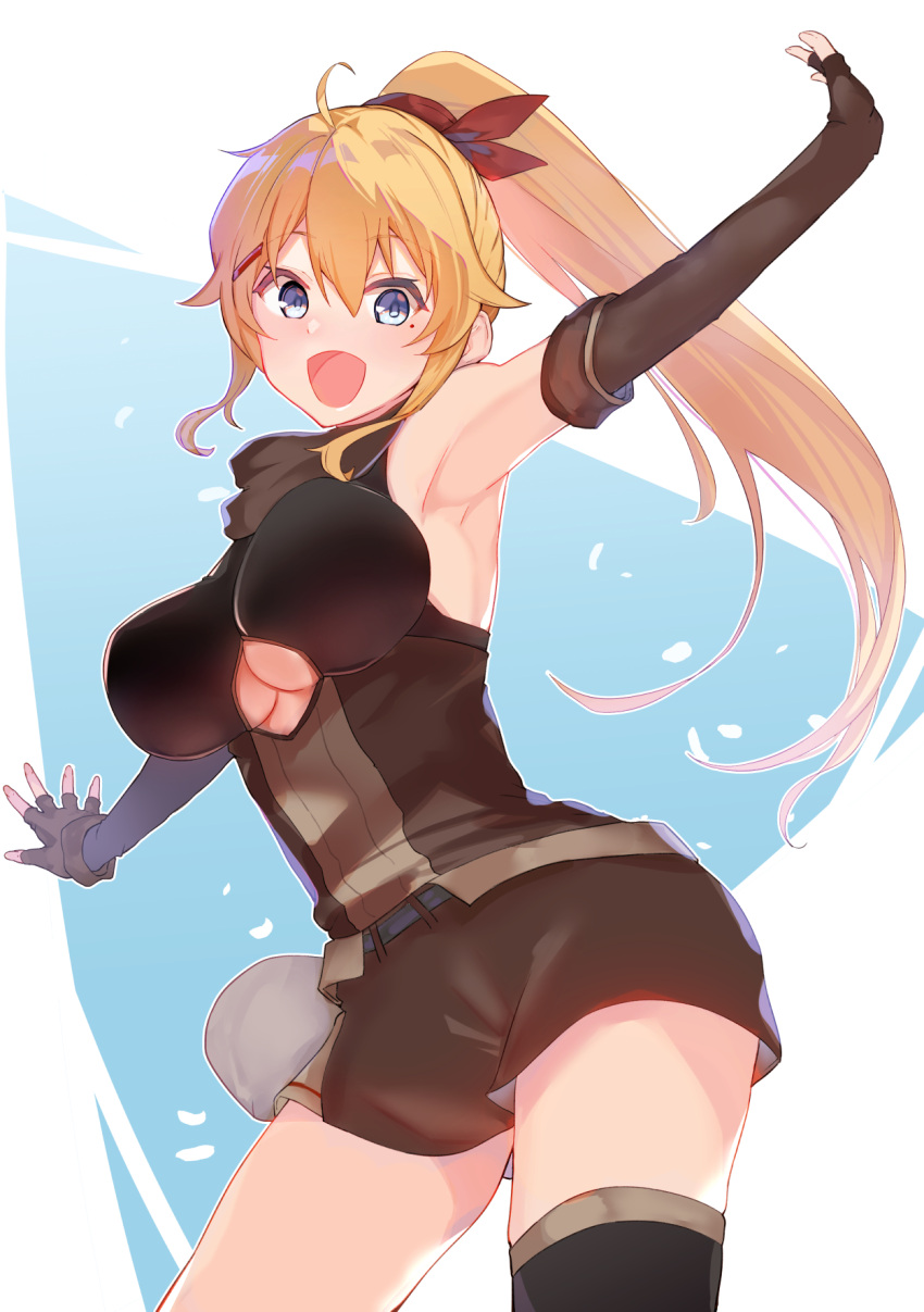 1girl ahoge arito_arayuru armpits asymmetrical_legwear bangs blonde_hair blue_eyes blush breasts brown_shorts character_request cleavage_cutout clothing_cutout commentary_request copyright_request cowboy_shot elbow_gloves eyebrows_visible_through_hair eyelashes fingerless_gloves gloves hair_between_eyes hair_ornament hairclip high_ponytail highres large_breasts long_hair looking_at_viewer mole mole_under_eye open_mouth outstretched_arms shiny shiny_hair short_shorts shorts sidelocks single_thighhigh sleeveless solo thigh-highs thighs under_boob