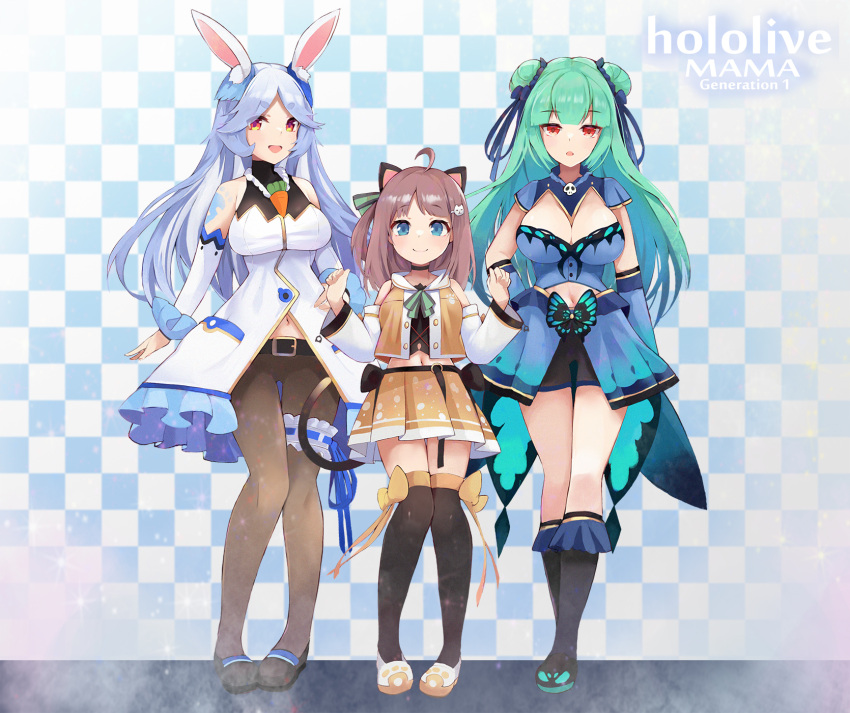 3girls ahoge animal_ears animal_print bangs belt black_legwear blue_dress blue_eyes blue_hair blunt_bangs breasts brown_legwear butterfly_print carrot cat_ears checkered checkered_background crop_top cropped_jacket detached_sleeves double_bun dress green_eyes highres hololive kneehighs kobi_(piliheros2000) large_breasts long_hair looking_at_viewer ma_matsuri medium_breasts multiple_girls navel one_side_up pantyhose parted_lips pekomama rabbit_ears red_eyes ribbon sandals skirt slippers smile stage swept_bangs thigh-highs trait_connection uruha_rushia's_mother very_long_hair vest w_arms white_dress white_sleeves yellow_ribbon yellow_skirt