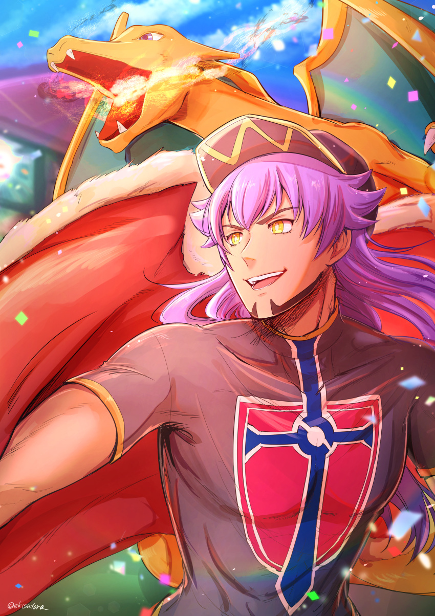 1boy absurdres bangs baseball_cap breathing_fire cape champion_uniform charizard clouds commentary_request confetti dark_skin dark_skinned_male day ekisutora facial_hair fire fur-trimmed_cape fur_trim gen_1_pokemon hat highres huge_filesize leon_(pokemon) long_hair looking_to_the_side male_focus open_mouth pokemon pokemon_(creature) pokemon_(game) pokemon_swsh purple_hair red_cape shirt short_sleeves signature sky smile teeth tongue yellow_eyes