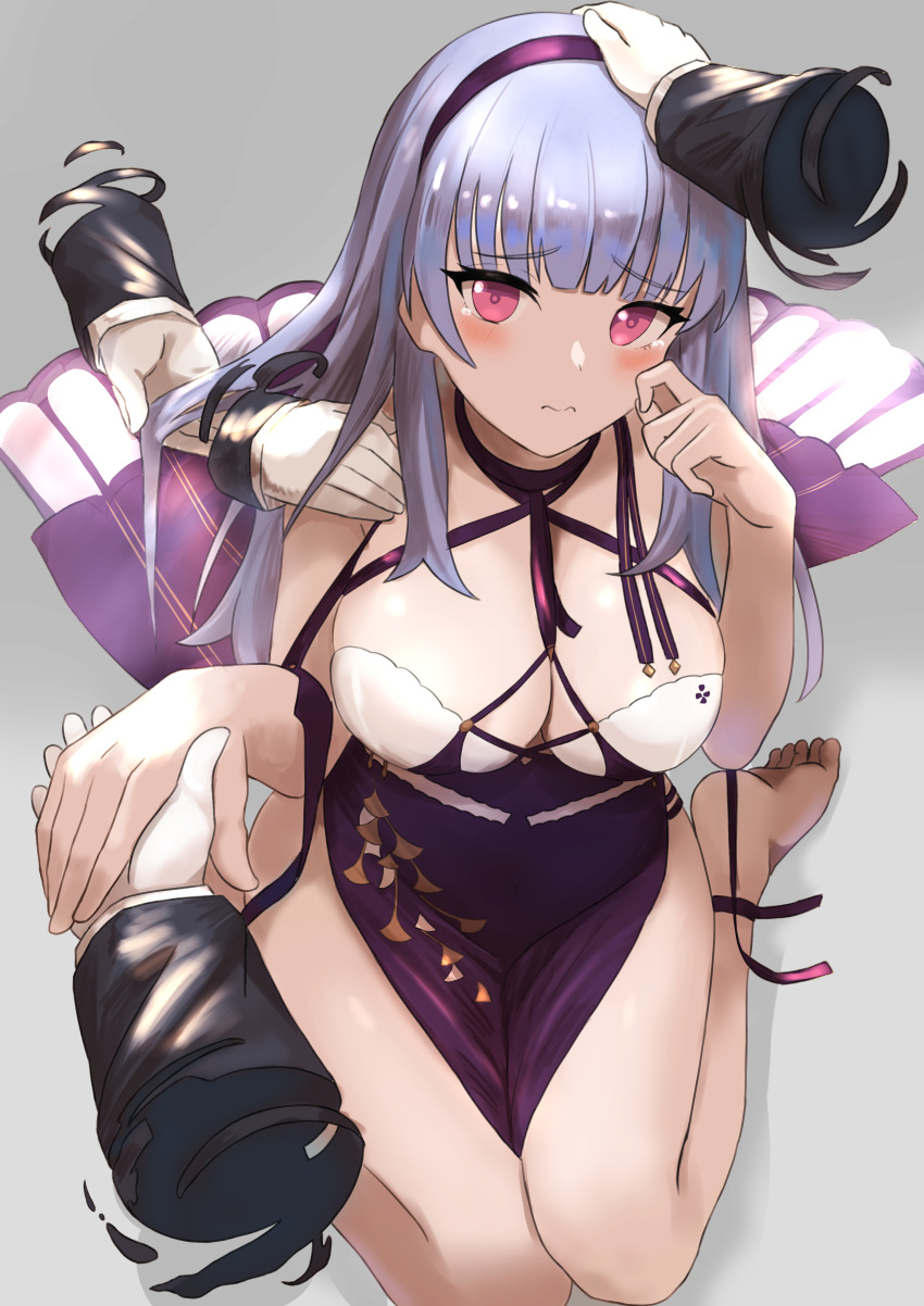 1girl absurdres art_itou azur_lane breasts criss-cross_halter dido_(anxious_bisque_doll)_(azur_lane) dido_(azur_lane) disembodied_limb dress dress_straps eyebrows_visible_through_hair gloves grey_background hairband halter_dress halterneck hand_in_hair hand_on_another's_head highres large_breasts light_purple_hair long_dress looking_at_viewer multiple_hands pelvic_curtain purple_dress purple_hairband purple_headband seiza simple_background sitting solo violet_eyes white_gloves