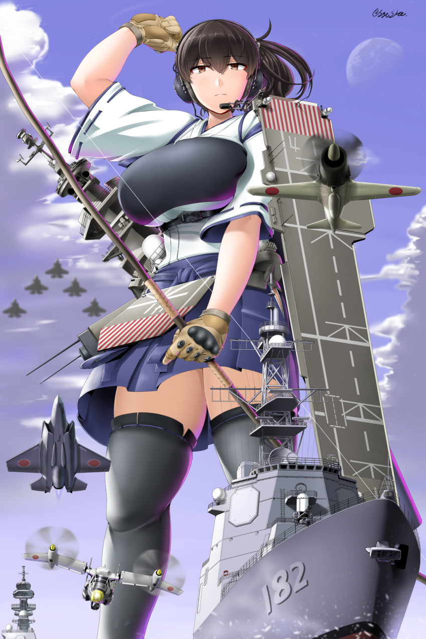 1girl a6m_zero blue_skirt breasts brown_eyes brown_gloves brown_hair duplicate f-35_lightning_ii from_below giant giantess gloves highres japanese_clothes kaga_(jmsdf) kaga_(kantai_collection) kantai_collection large_breasts mirai_(zipang) moon muneate ocean outdoors remodel_(kantai_collection) saizu_nitou_gunsou short_hair side_ponytail skirt sky solo thigh-highs vtol wide_sleeves zipang_(kawaguchi_kaiji)