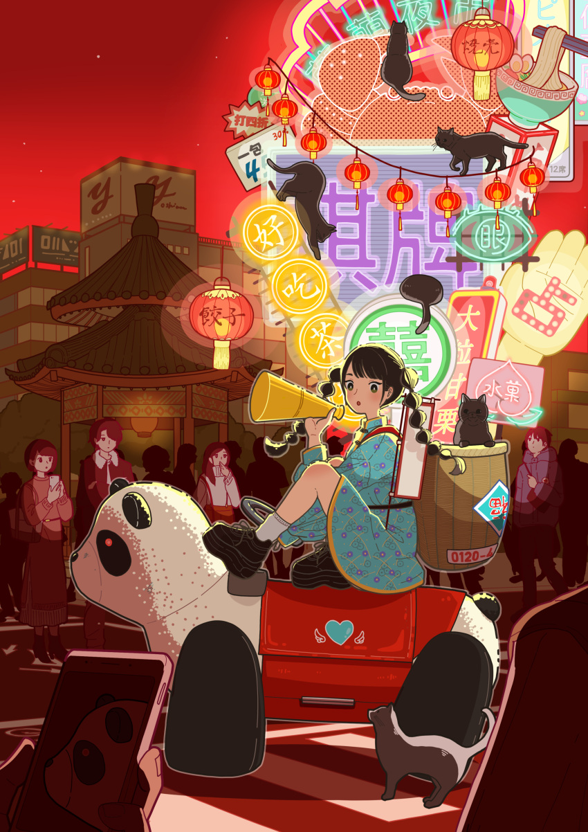 2boys 3girls absurdres aqua_dress black_cat black_footwear black_hair blush building cat china_dress chinese_clothes crab dress food glowing halftone heart highres lantern long_sleeves multiple_boys multiple_girls night noodles open_mouth original outdoors red_sky shoes sky solo_focus star_(sky) starry_sky sweater twintails yoshimon
