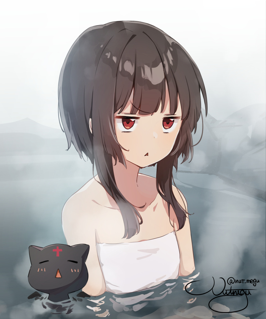 1girl absurdres bangs bare_shoulders bathing brown_hair cat chomusuke collarbone commentary_request eyebrows_visible_through_hair highres jitome kono_subarashii_sekai_ni_shukufuku_wo! megumin naked_towel nut_megu onsen partially_submerged red_eyes short_hair_with_long_locks signature solo towel twitter_username water