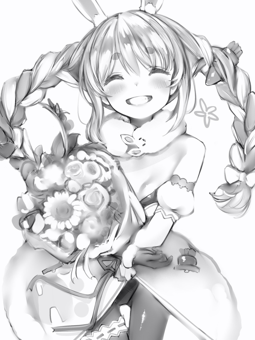 1girl :d bare_shoulders blush bouquet braid breasts carrot carrot_hair_ornament closed_eyes cowboy_shot detached_sleeves don-chan_(usada_pekora) facing_viewer flower food_themed_hair_ornament gloves greyscale grin hair_ornament highres holding holding_bouquet hololive juliet_sleeves leotard long_hair long_sleeves monochrome nanashi_(nlo) open_mouth pantyhose puffy_sleeves small_breasts smile solo standing thigh_gap twin_braids usada_pekora waistcoat