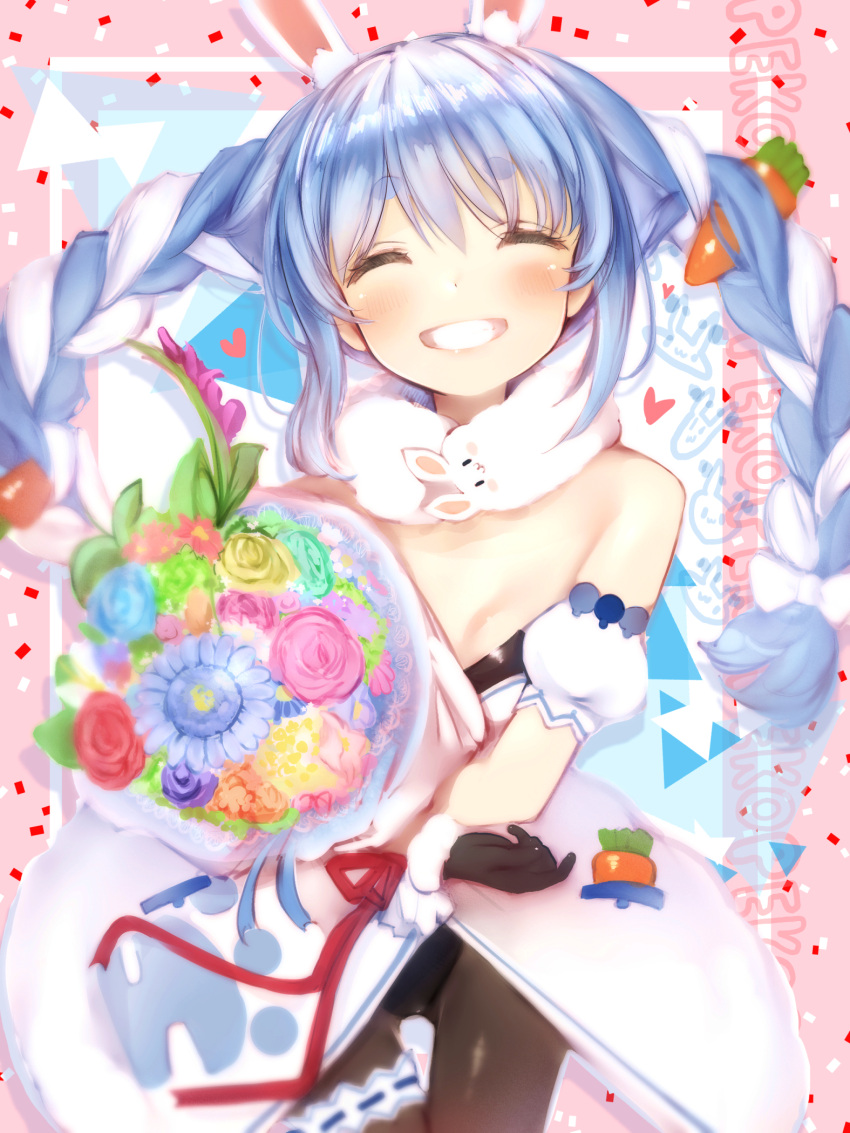 1girl :d bare_shoulders black_leotard blue_flower blue_hair blue_rose blush bouquet braid breasts brown_legwear carrot carrot_hair_ornament closed_eyes cowboy_shot detached_sleeves don-chan_(usada_pekora) facing_viewer flower food_themed_hair_ornament gloves green_flower grin hair_ornament heart highres holding holding_bouquet hololive juliet_sleeves leotard long_hair long_sleeves multicolored_hair nanashi_(nlo) open_mouth orange_flower pantyhose pink_flower pink_rose puffy_sleeves purple_flower purple_rose red_flower red_rose rose small_breasts smile solo standing thigh_gap twin_braids two-tone_hair usada_pekora waistcoat yellow_flower yellow_rose