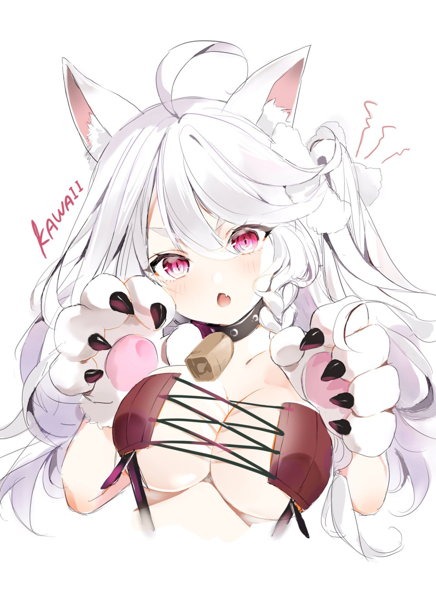 1girl ahoge animal_ear_fluff animal_ears azur_lane bell bell_collar blush braid breasts chestnut_mouth claw_pose claws collar collarbone corset cropped_torso eyebrows_behind_hair fang gao gloves hair_between_eyes head_tilt highres hoerutarou large_breasts long_hair looking_at_viewer open_mouth paw_gloves paws pink_eyes romaji_text side_braid simple_background single_braid skin_fang solo upper_body v-shaped_eyebrows white_background white_hair wolf_ears yuudachi_(azur_lane)