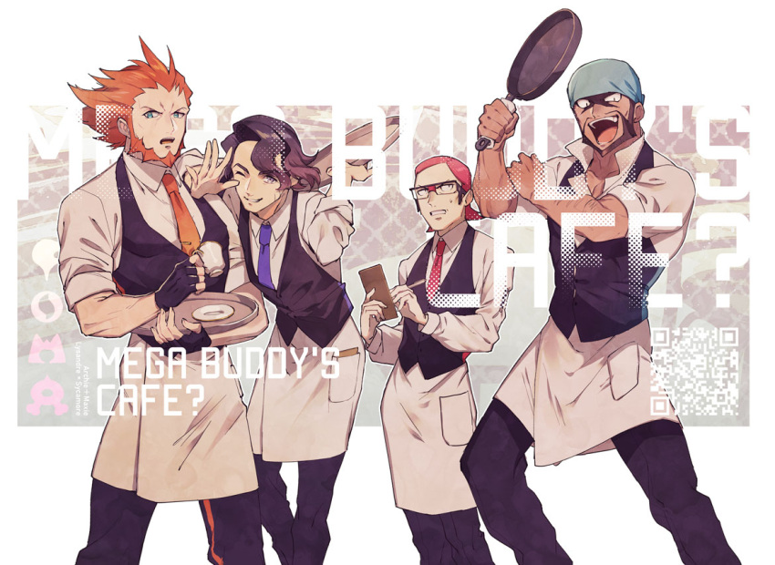 4boys :d alternate_costume apron archie_(pokemon) arm_hair augustine_sycamore black_hair black_pants black_vest blue_bandana collared_shirt commentary_request cup facial_hair frying_pan glasses holding holding_frying_pan kusuribe lysandre_(pokemon) male_focus maxie_(pokemon) multiple_boys necktie one_eye_closed open_mouth orange_hair orange_neckwear pants pokemon pokemon_(game) pokemon_oras pokemon_xy purple_neckwear red_neckwear redhead saucer shirt smile teacup teeth tongue tray vest waist_apron