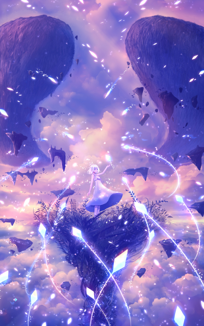 1girl ahoge arm_up clouds crystal dress fantasy floating_island hand_up highres horizon light_particles light_rays one_eye_closed original purple_theme ribbon sakimori_(hououbds) scenery short_hair silver_hair sky sleeveless sleeveless_dress solo wind