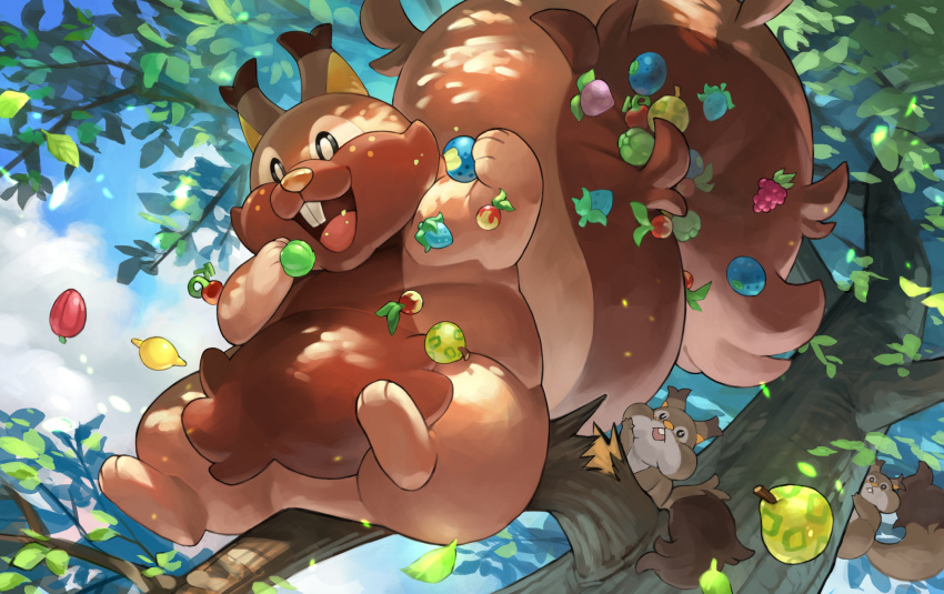 berry_(pokemon) clouds commentary_request day eating fangs from_below gen_8_pokemon greedent highres holding no_humans open_mouth outdoors pokemon pokemon_(creature) skwovet sky smile tapioka_chaso tongue tree