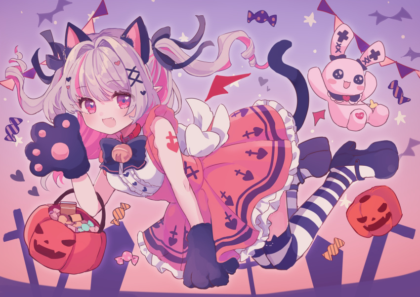 1girl :d animal_ear_fluff animal_ears bell black_bow black_footwear black_gloves bow candy_wrapper cat_ears cat_girl cat_tail center_frills collar fang frilled_skirt frills gloves grey_hair hair_bow hair_intakes hair_ornament hairclip heart heart_hair_ornament jingle_bell karunabaru kemonomimi_mode long_hair makaino_ririmu multicolored_hair nijisanji open_mouth pennant pink_hair platform_footwear platform_heels pleated_skirt red_collar red_skirt shirt shoes skirt smile solo streaked_hair string_of_flags striped striped_legwear stuffed_animal stuffed_bunny stuffed_toy tail thigh-highs two-tone_hair two_side_up virtual_youtuber white_shirt x_hair_ornament