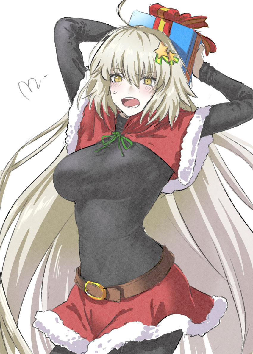 1girl ahoge arms_up bangs belt blush box breasts christmas christmas_present fate_(series) hair_ornament hairpin highres jeanne_d'arc_(alter)_(fate) jeanne_d'arc_(fate)_(all) large_breasts long_hair looking_at_viewer mitsugu open_mouth pale_skin santa_costume shirt simple_background sleeves_past_wrists solo star_pin tight_shirt white_background
