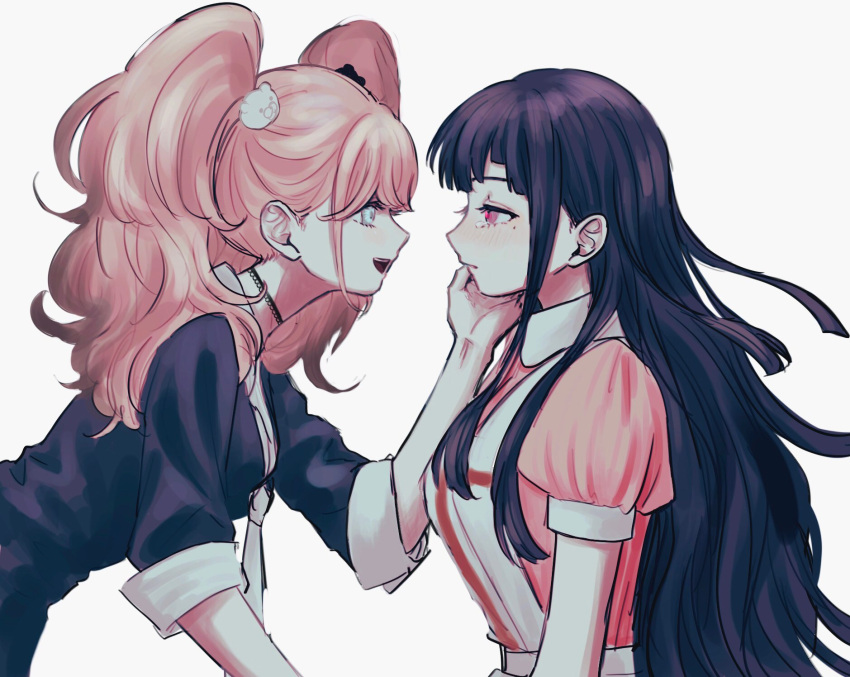 2girls apron bear_hair_ornament black_shirt blue_eyes breasts choker commentary crying crying_with_eyes_open dangan_ronpa:_trigger_happy_havoc dangan_ronpa_(series) dangan_ronpa_2:_goodbye_despair enoshima_junko expressionless hair_ornament hand_on_another's_cheek hand_on_another's_face highres large_breasts long_hair looking_at_another medium_breasts mole mole_under_eye multiple_girls necktie open_mouth pink_eyes pink_hair pink_shirt profile purple_hair renshu_usodayo shirt short_sleeves simple_background sleeves_rolled_up smile symbol_commentary tears tsumiki_mikan twintails upper_body white_background white_neckwear yuri