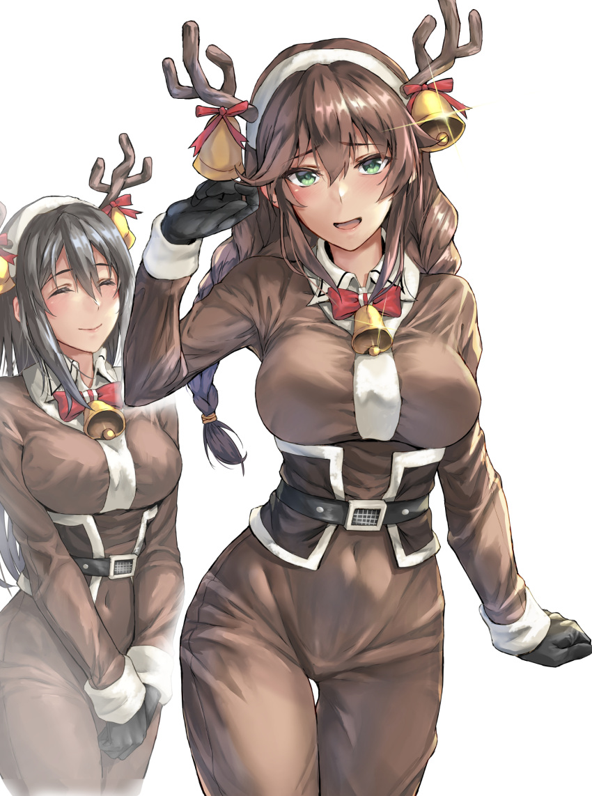 2girls animal_costume antlers bell belt belt_buckle black_belt black_gloves black_hair braid breasts brown_hair buckle chikuma_(kantai_collection) closed_eyes closed_mouth eyebrows_visible_through_hair gloves green_eyes hair_between_eyes highres kantai_collection kokuzou large_breasts long_hair long_sleeves multiple_girls noshiro_(kantai_collection) open_mouth reindeer_antlers reindeer_costume simple_background smile twin_braids white_background