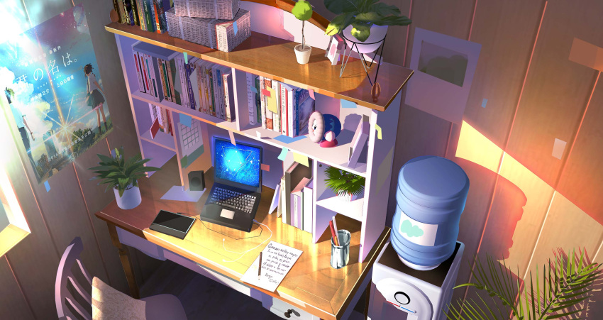 basket book bookshelf chair computer desk figure from_above headphones highres ice_climber indoors kimi_no_na_wa. kirby kirby_(series) laptop miyamizu_mitsuha no_humans note original paper pencil plant popo_(ice_climber) poster_(object) potted_plant scenery shadow spanish_text speaker sticky_note tachibana_taki water_cooler window xingzhi_lv