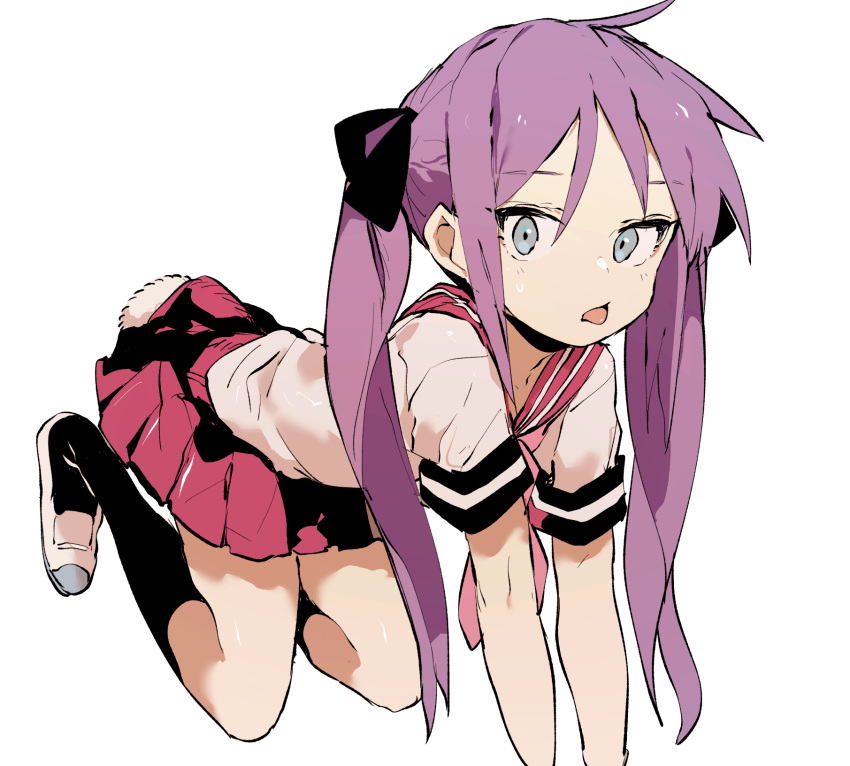 1girl :p all_fours black_legwear ddari grey_eyes highres hiiragi_kagami long_hair looking_at_viewer lucky_star miniskirt purple_hair red_skirt shirt shoes short_sleeves simple_background skirt socks solo sweat tongue tongue_out twintails white_background white_legwear white_shirt