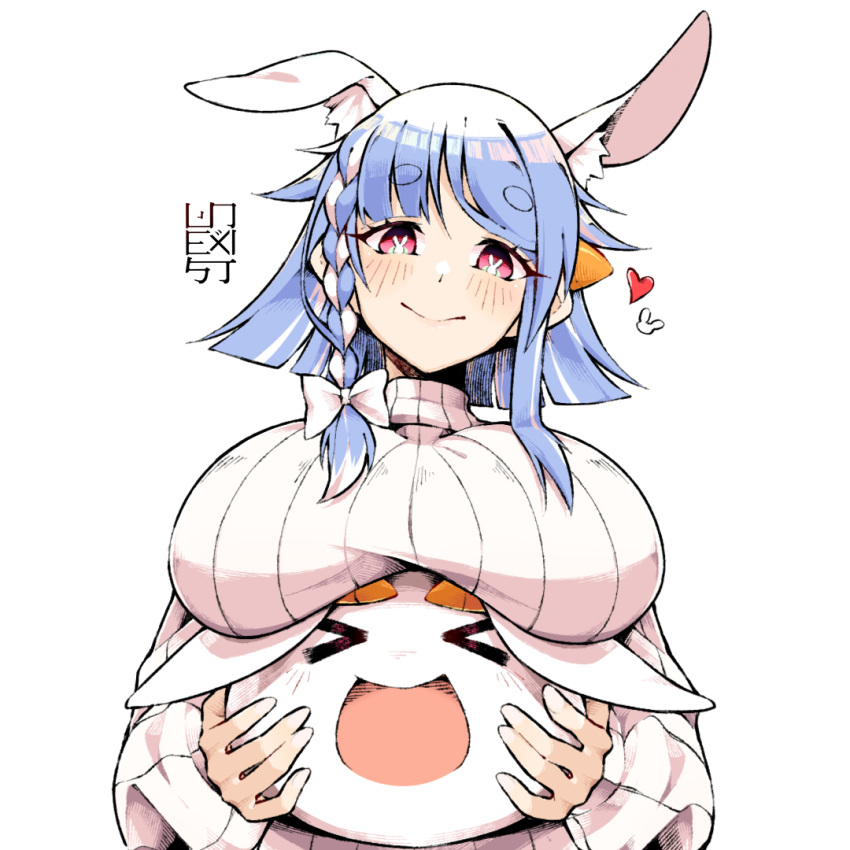 &gt;_&lt; 1girl :d animal_ears artist_logo blue_hair blunt_ends bow braid breast_rest breasts bunny-shaped_pupils carrot_hair_ornament food_themed_hair_ornament hair_bow hair_ornament heat holding_another hololive huge_breasts multicolored_hair nousagi_(usada_pekora) open_mouth pekomama rabbit_ears ribbed_sweater short_hair_with_long_locks side_braid sidelocks simple_background smile solo streaked_hair sweater turtleneck turtleneck_sweater unexistarts white_background white_sweater xd